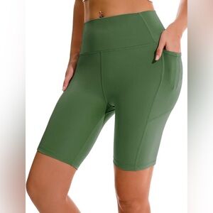 Apexup High Waist, Spandex Yoga Shorts w/Side Pockets-Size Small-Olive Green